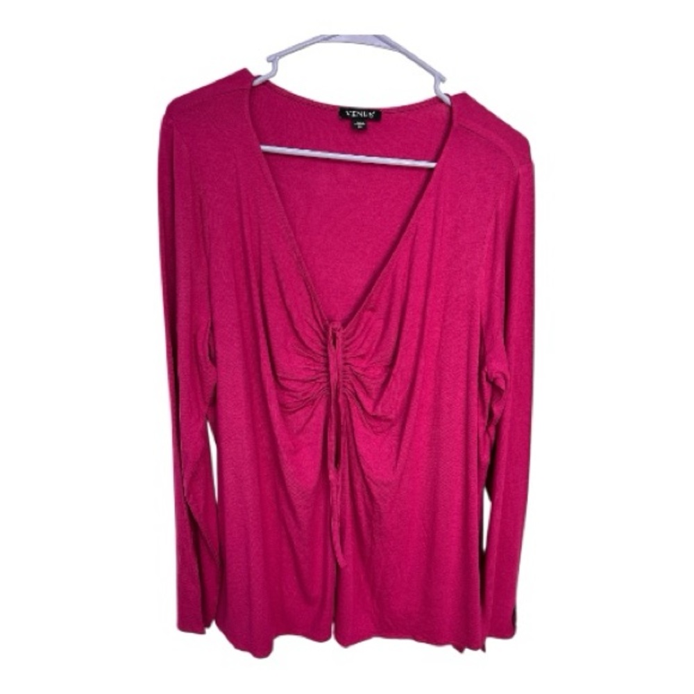 VENUS Women’s Fuchsia Boho Long Sleeve V-Neck Ruched Front Top Size XL